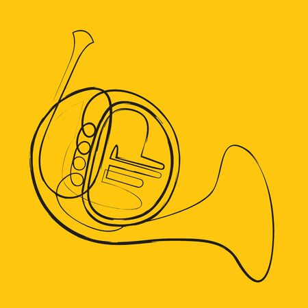 Continuous One Line Drawing of Vector Brass wind musical instrument. French horn.のイラスト素材