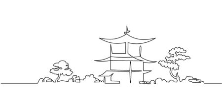 Japanese Buddhist temple continuous one line vector drawingのイラスト素材