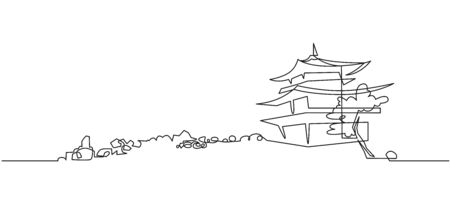 Japanese Buddhist temple continuous one line vector drawingのイラスト素材