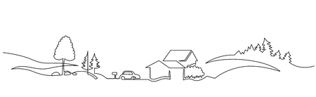 Rural landscape continuous one line vector drawing. Hills, houses, car trip hand drawn silhouette. Country nature panoramic sketch. Village minimalistic contour illustration. Isolated design elementのイラスト素材