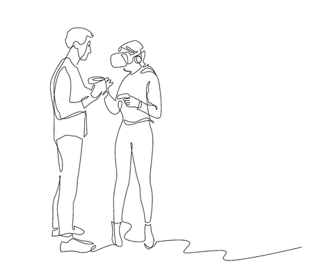Couple in VR glasses continuous one line drawing. Woman testing headset device vector silhouette clipart. Virtual reality games, entertainment minimalistic illustration. Isolated linear design elementのイラスト素材