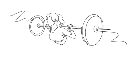 Woman lifting weights continuous one line drawing. Female bodybuilder vector hand drawn silhouette clipart. Lady working out. Gym training illustration. Squats with barbell linear design elementのイラスト素材
