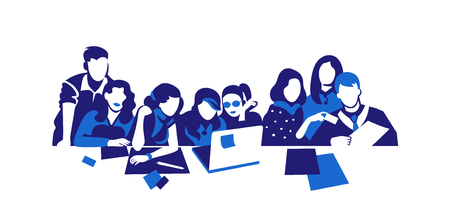 Group of people working continuous silhouette vector drawing. Students preparing to exams, doing homework hand drawn characters. Coworking. Job meeting, discussion. Cartoon flat illustration isolatedのイラスト素材