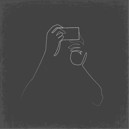 Person taking selfie continuous one line vector drawing. Hands holding smartphone minimalistic contour illustration. Mobile phone, photo hand drawn silhouette clipart. Chalk doodle on grey backgroundのイラスト素材