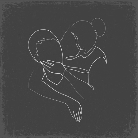 Romantic kiss of two lovers one line vector drawing. Newlyweds, young people. Loving couple kissing hand drawn silhouette clipart. Chalk doodle on grey background, valentines day art. Woman acceptedのイラスト素材