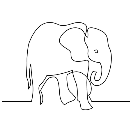 Elephant continuous one line drawings. Wild large animals vector silhouette clipart. African jungle, rainforest mammals herd minimalistic illustrations pack. Indian wildlife linear design elementのイラスト素材