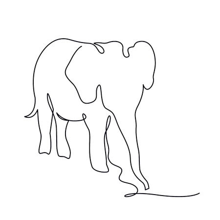 Elephant continuous one line drawings. Wild large animals vector silhouette clipart. African jungle, rainforest mammals herd minimalistic illustrations pack. Indian wildlife linear design elementのイラスト素材