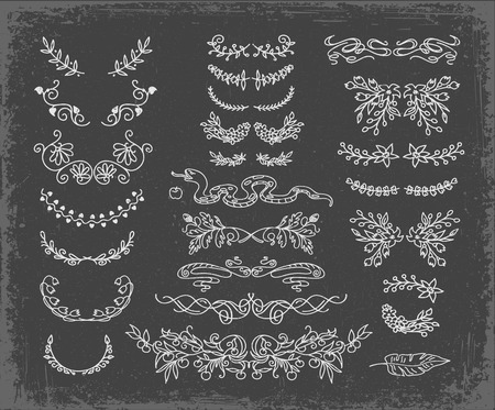 Flourish vector text dividers set. Floral vintage wreaths. Decorative hand drawn clipart. Chalk doodle design elements on grey background. Wedding invitation, greeting card, page filigree decorationsのイラスト素材