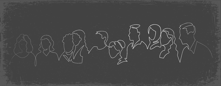 Group of people continuous one line vector drawing. Family, friends hand drawn characters silhouette clipart. Crowd standing at concert, meeting. Women and men waiting in queue. Chalk doodleのイラスト素材