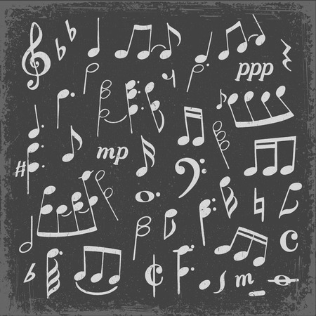 Set of music notes hand drawn cartoon vector illustration. Printed music hand drawn silhouette clipart. Chalk doodle on grey backgroundのイラスト素材