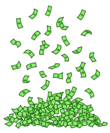 Green banknotes rain vector illustration. Heap, pile of money flat clipart. Dollars falling isolated design element. Cash flying contour color drawing. Profit, income, fortune. Jackpot, prosperityのイラスト素材