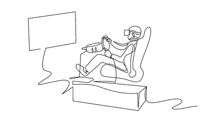 VR motion chair, racing simulator continuous one line drawing. 3D video game vector silhouette clipart. Character in virtual reality glasses, headset minimalistic illustration. Isolated design elementのイラスト素材