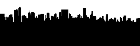 Modern cityscape black silhouette vector banner design. Metropolis architecture panoramic landscape. New York skyscrapers hand drawn silhouette. Apartment buildings isolated minimalistic illustrationのイラスト素材