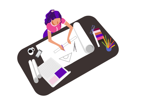 Woman drawing, sketching flat vector illustration. Female architect drafting project, working from home, office. Freelancer, remote worker hand drawn cartoon character. Artist workplace top viewのイラスト素材