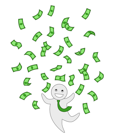Businessman outline vector illustration. Simple happy character jumping. Rich, wealthy guy in tie. Green banknotes rain, jackpot, money flying isolated clipart. Office man, millionaire design elementのイラスト素材