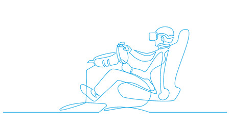 Man sitting in VR motion chair continuous one line drawing. Character playing racing simulator blue sketch. 3D video game vector silhouette. Virtual reality headset isolated linear design elementのイラスト素材