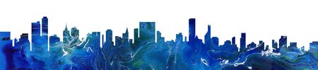 Modern cityscape blue abstract paint background. Acrylic pour texture with marble pattern drawing.の写真素材