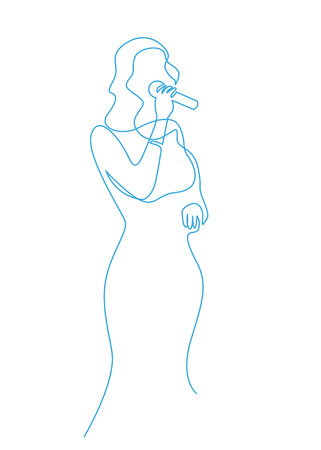 Woman singing karaoke continuous one line drawing. Singer with microphone sing blues. Amateur song contest, competition. Entertainment, party evening. Minimalistic line art style illustrationのイラスト素材