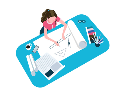 Woman drawing, sketching flat vector illustration. Female architect drafting project, working from home, office. Freelancer, remote worker hand drawn cartoon character. Artist workplace top viewのイラスト素材