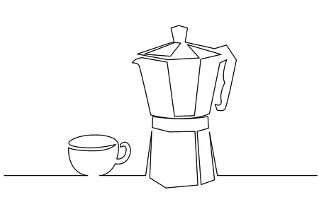 Coffee accessories continuous one line drawing. Italian coffee geyser pot, cup hand drawn illustration. Traditional, vintage coffeemaker, barista tools, equipment minimalistic contour sketchのイラスト素材