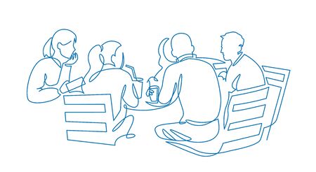 Business team meeting continuous line drawing. Friends in cafe contour vector illustration.のイラスト素材