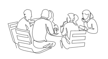 Business team meeting continuous line drawing. Friends in cafe contour vector illustration.のイラスト素材