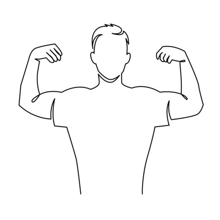 Man shows bicep continuous one line vector drawing. Bodybuilder demonstrating muscular shoulder.のイラスト素材
