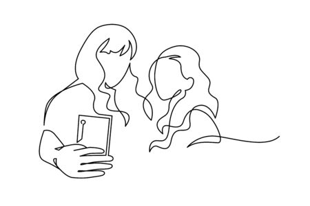 Continuous One Line Drawing of Selfie lgbt lover couple. Two friends holding smartphone, making selfieのイラスト素材
