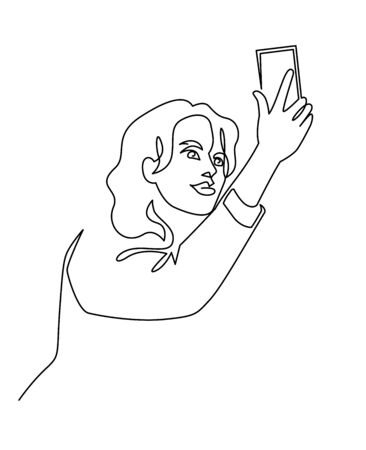 Continuous One Line Drawing of Selfie beautiful woman blogger. Vector illustration girl holding smartphoneのイラスト素材