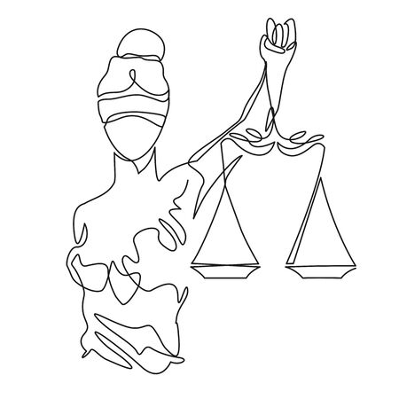 Themis statue holding scales balance continuous one line vector drawing. Symbol of justice, law and order.のイラスト素材