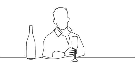Man holding wine glass and bottle at the bar continuous one line vector drawing.のイラスト素材