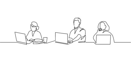 Group of people working continuous one line vector drawing. Students preparing to examsのイラスト素材