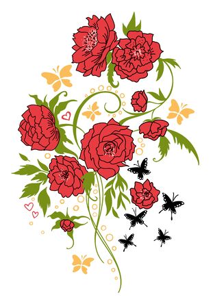 Vintage flower bouquet tattoo style. Vector drawing. Peony, rose, leaves and butterfly sketch. Decorative botanical composition. Hand drawn floral wedding invitation, label template, anniversary card.のイラスト素材