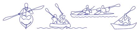 Continuous one line drawing of Rafting, sea kayaking icons set. Vector illustration of water sportのイラスト素材