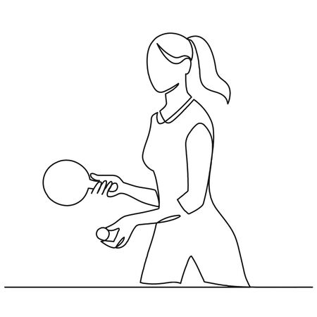 Continuous one line drawing of young sporty woman table tennis player take the serve.のイラスト素材
