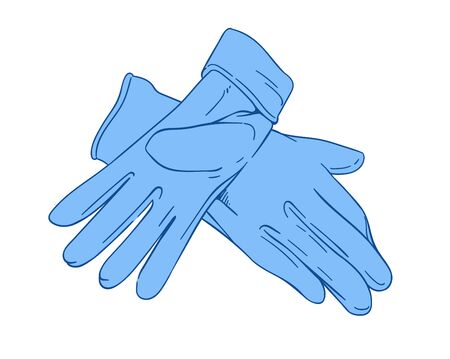 Hand drawn medical protective vector blue gloves on white background, hygiene supplies, medical surgical gloves cartoon style, medical icons quarantine virus protectionのイラスト素材