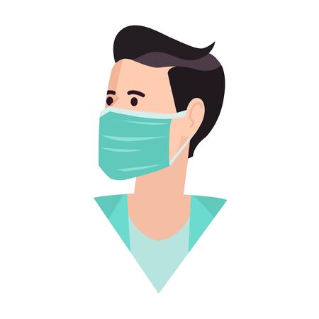 Medical mask. Healthy man in medical protection mask. Caring for health at flu epidemic time. Vector illustration, flat design, cartoon style. Isolated background.のイラスト素材
