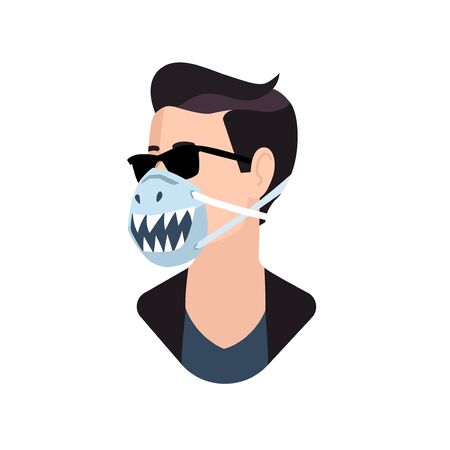 Male person wearing protective funny face mask flat vector illustration. Stylish user picture character icon in a painted respiratorのイラスト素材