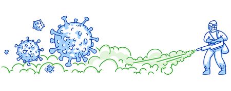 Worker disinfects streets with steam disinfection hand drawn art. Antiseptic spray against corona virus strain cells cartoon illustrationのイラスト素材