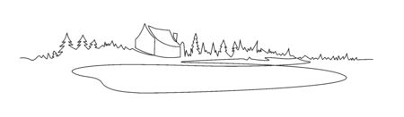 Rural landscape continuous one line vector drawing. Lake house in the woods hand drawn silhouette. Country nature panoramic sketch. Village minimalistic contour illustration.のイラスト素材