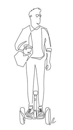 One single line drawing of young stylish man riding electric at city park vector illustration. Future transport. Healthy lifestyle sport concept.のイラスト素材