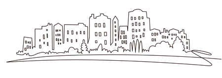 Modern cityscape continuous one line vector drawing. Metropolis architecture panoramic landscape. New York skyscrapers hand drawn silhouette. Apartment buildings isolated minimalistic illustrationのイラスト素材