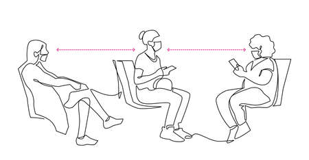 Continuous one Line Drawing of People wearing mask to prevent infection. Observance of social distance vector illustration.のイラスト素材