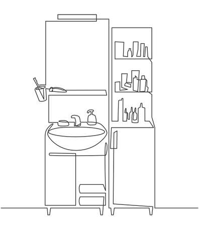 Continuous one line drawing of Bathroom interior with washbasin and mirror and cosmetic products for washing. The bath room sink in line styleのイラスト素材