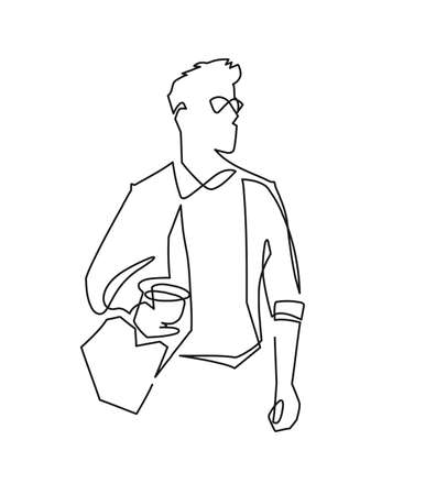 Continuous one line drawing of casual handsome man. Student with trendy haircut and coffee in hand. Summer lifestyle vector illustration.のイラスト素材