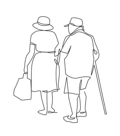 Continuous one line drawing of grandparents go hand in hand view from the back. Happy elderly couple walking with bag and stick. Vector illustration.のイラスト素材