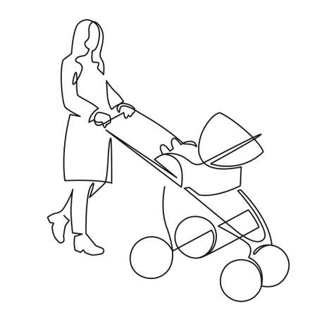 Continuous one line drawing of mom with a toddler in a stroller drawn by hand vector illustration. Mother with a baby on a walk.のイラスト素材