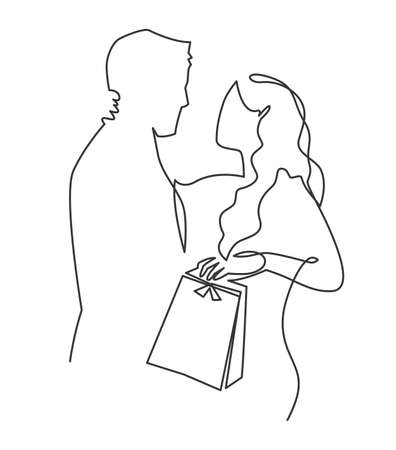 A couple of lovers give holiday gifts. A scene of a man and a woman are in love and hug staring at each other. Continuous one line drawing of wife thanks her husband for the gift and kisses.のイラスト素材