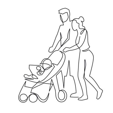 Continuous one line drawing of mom and dad with a toddler in a stroller vector illustration. Husband and wife with a baby on a walk. The young married couple walks with the wheelchair outdoorのイラスト素材