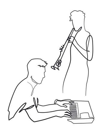 Continuous one line drawing of musical duo plays saxophone and the piano vector illustration. Musical concept sax player and pianist silhouette, sax design, invitation jazz festivalのイラスト素材